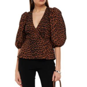 NWOT GANNI Gathered Leopard-print organic Cotton wrap Top